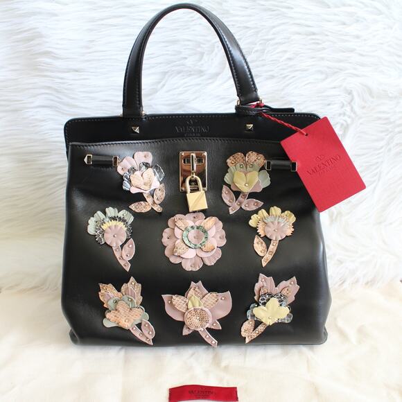 Valentino Joylock Black Leather Floral Applique Rockstud Satchel Shoulder Bag - Picture 1 of 16